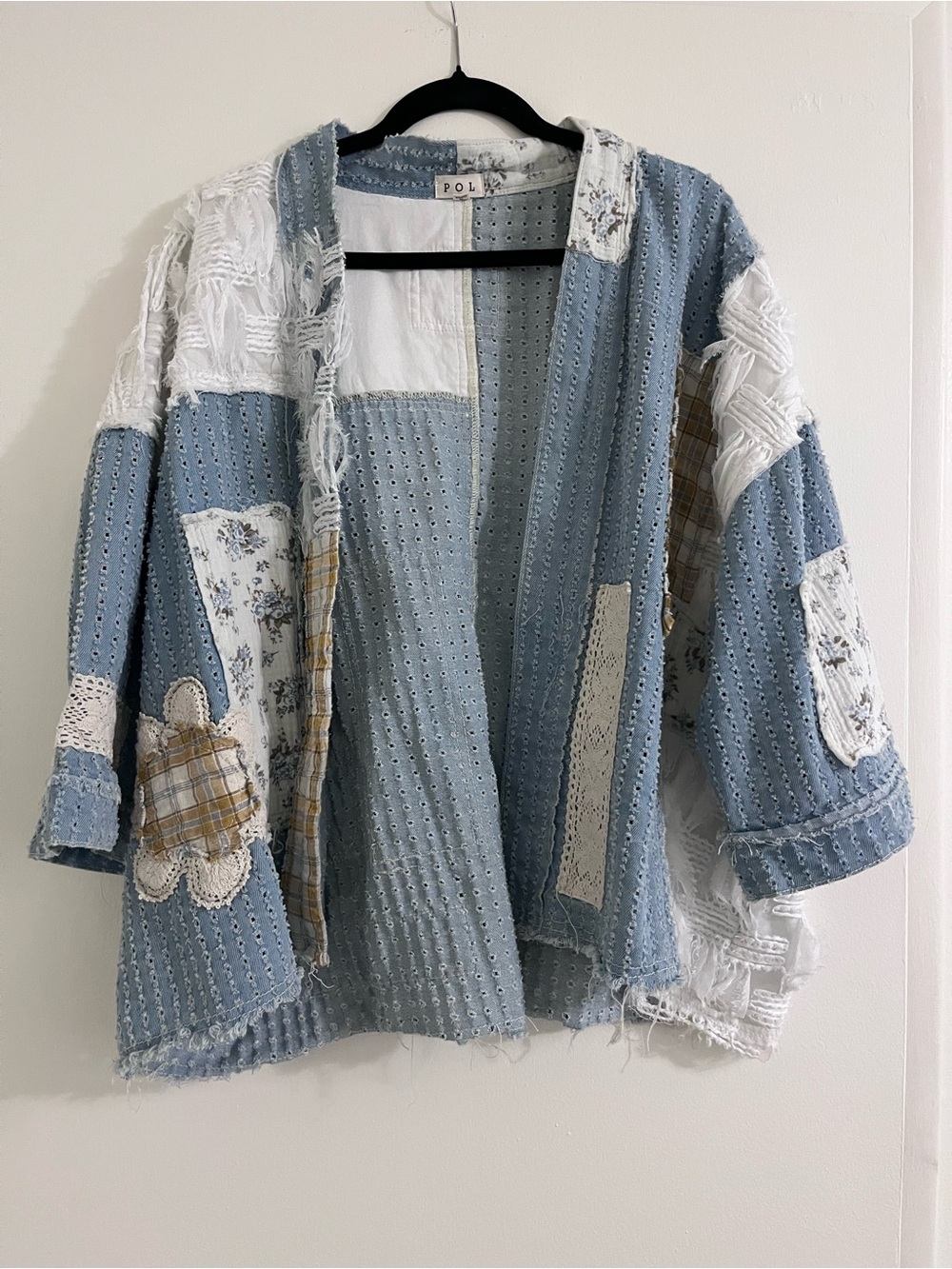 POL Cottagecore Cotton Patchwork Cardigan with Lace and Floral Details - Size M